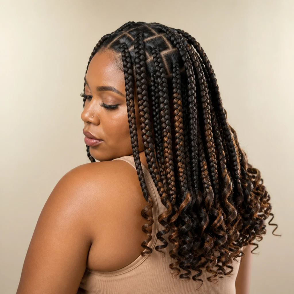 Jumbo box braids in dark brown with caramel highlights woven through, bouncy curly ends, three-quarter back view