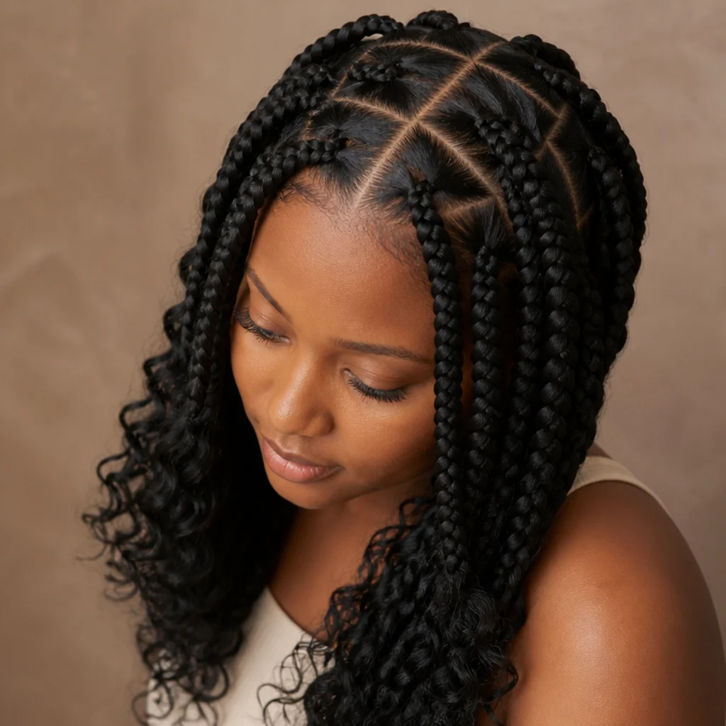Jumbo box braids with a triangle parting pattern across the scalp, curly ends, top-down three-quarter view showing crisp triangles