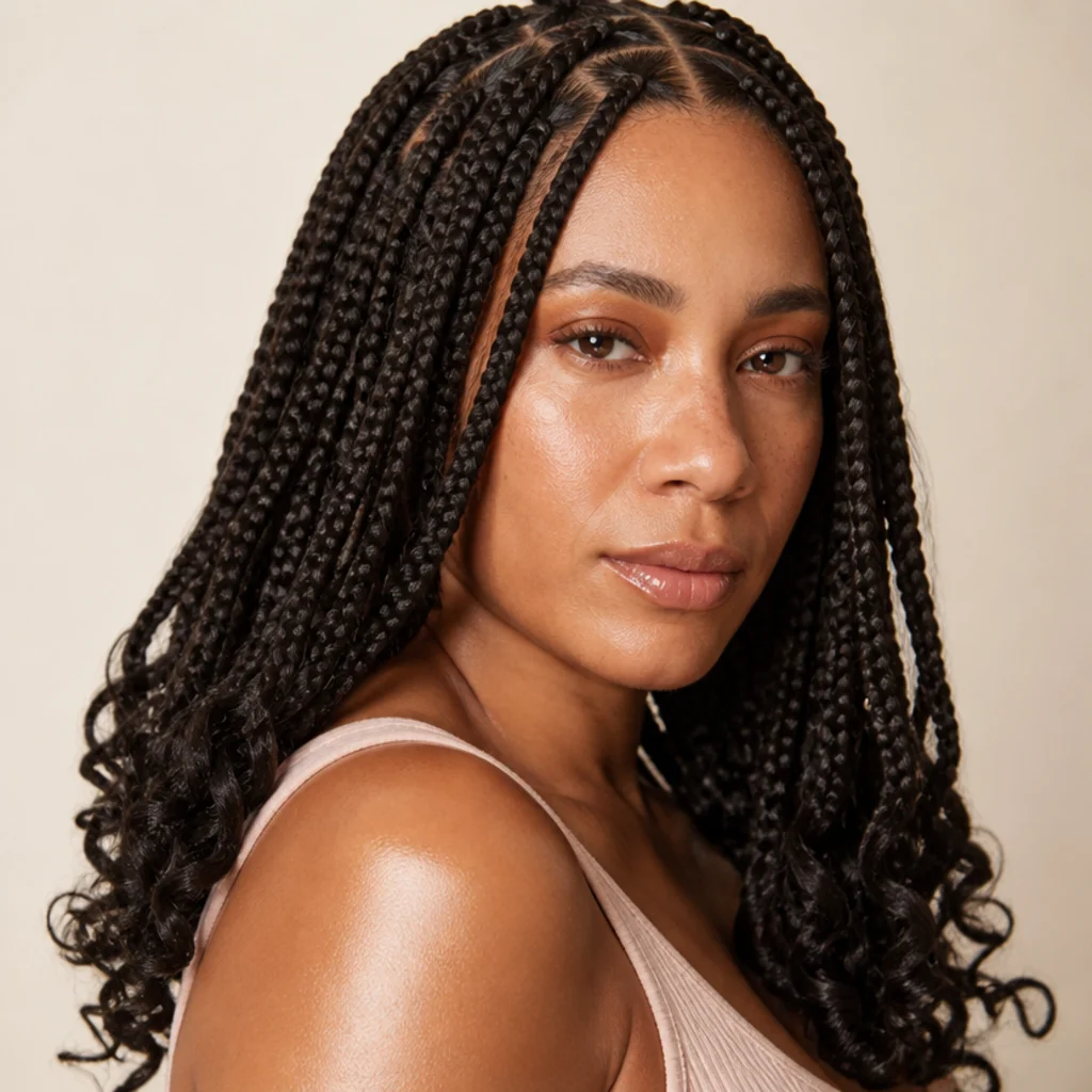Shoulder-length jumbo knotless box braids with curly ends, flat roots, three-quarter angle on light-brown skin