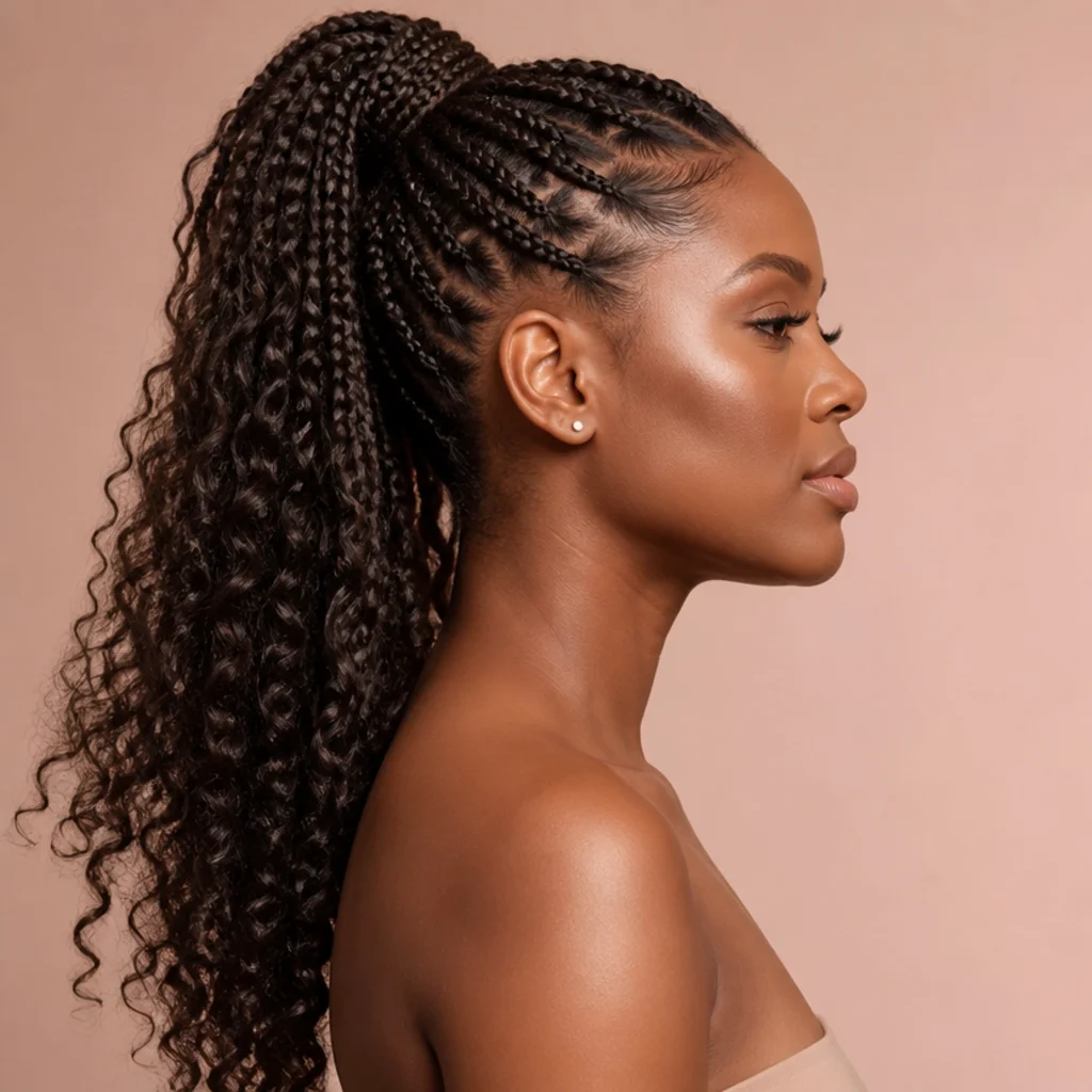 Jumbo box braids gathered into a high ponytail with curly ends spilling out, sleek gelled base, side profile