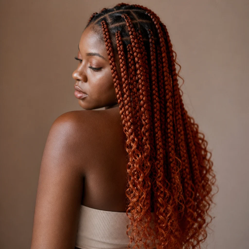 Jumbo box braids in vivid copper red with curly ends, three-quarter back view, warm taupe studio background