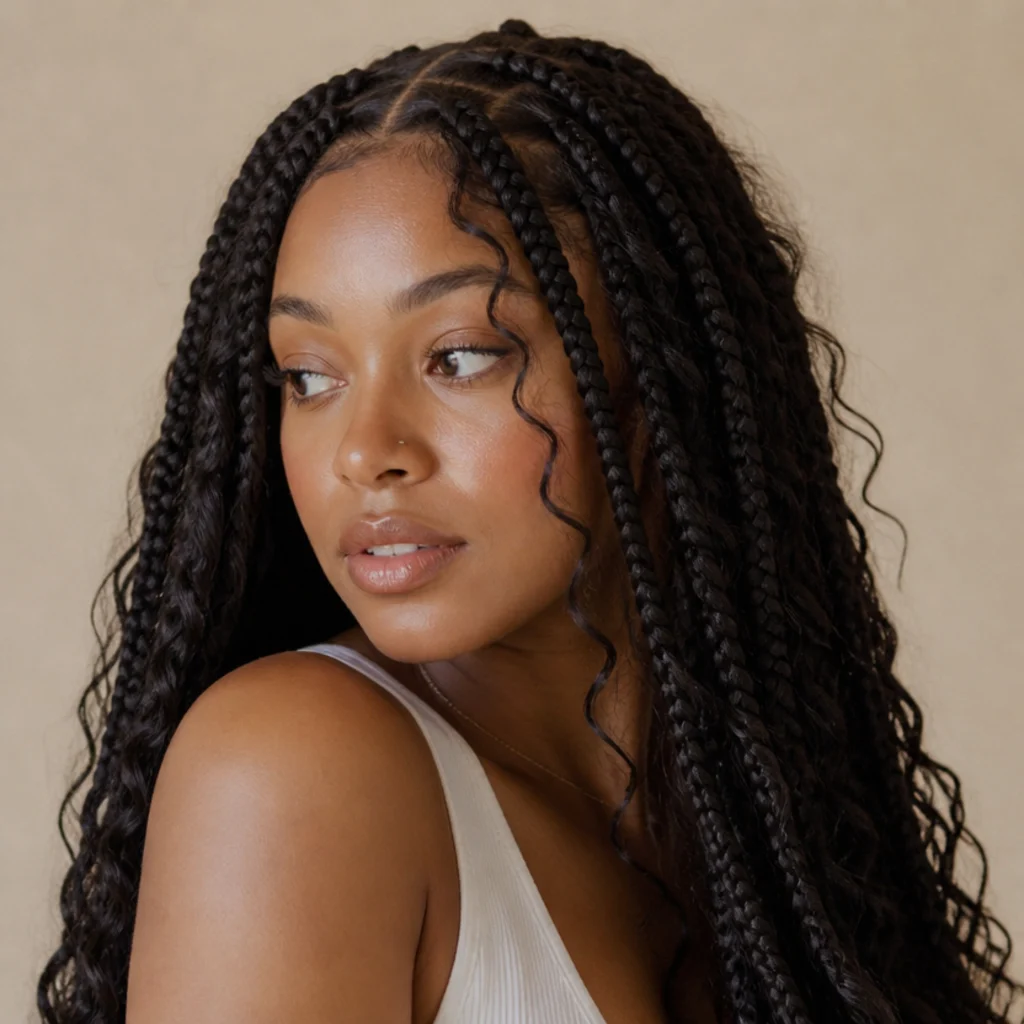 Boho jumbo box braids with curly human-hair pieces left loose throughout, natural texture, three-quarter angle
