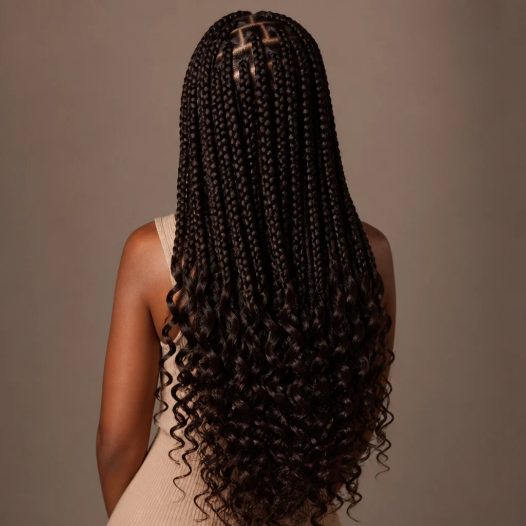 Waist-length jumbo box braids finished with deep-wave curls, dark brown, dramatic back view showing full length