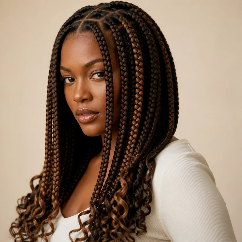 Jumbo box braids alternating light and dark brown in a two-tone pattern with curly ends, three-quarter view