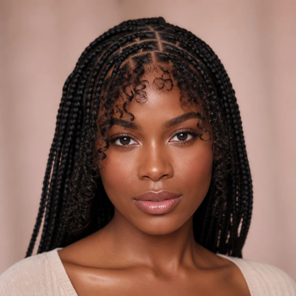 Jumbo box braids with a soft curly fringe framing the forehead, rest of length braided, front angle