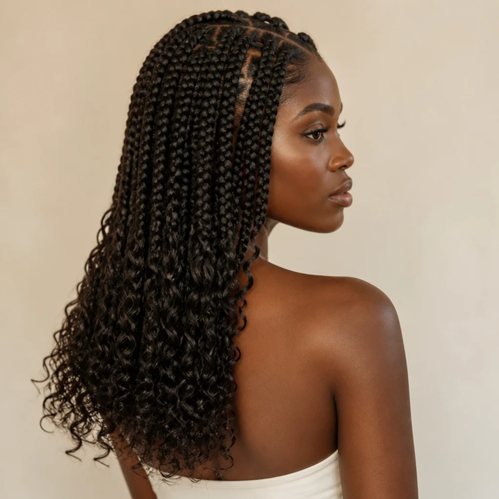Mid-back jumbo box braids braided halfway then curled for the lower half, dark brown, side back angle