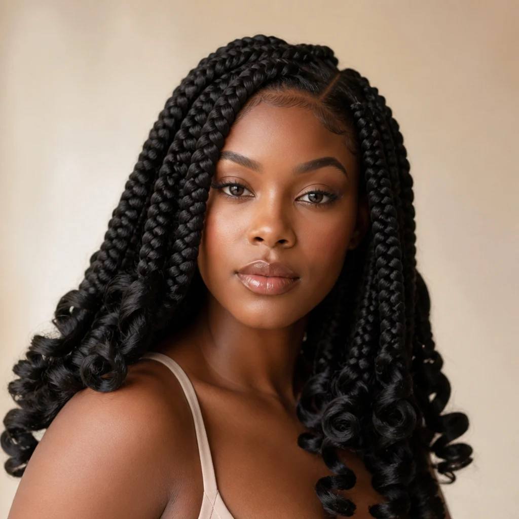 Chunky jumbo box braids with a bold side part and tight ringlet ends, three-quarter front view, ivory backdrop