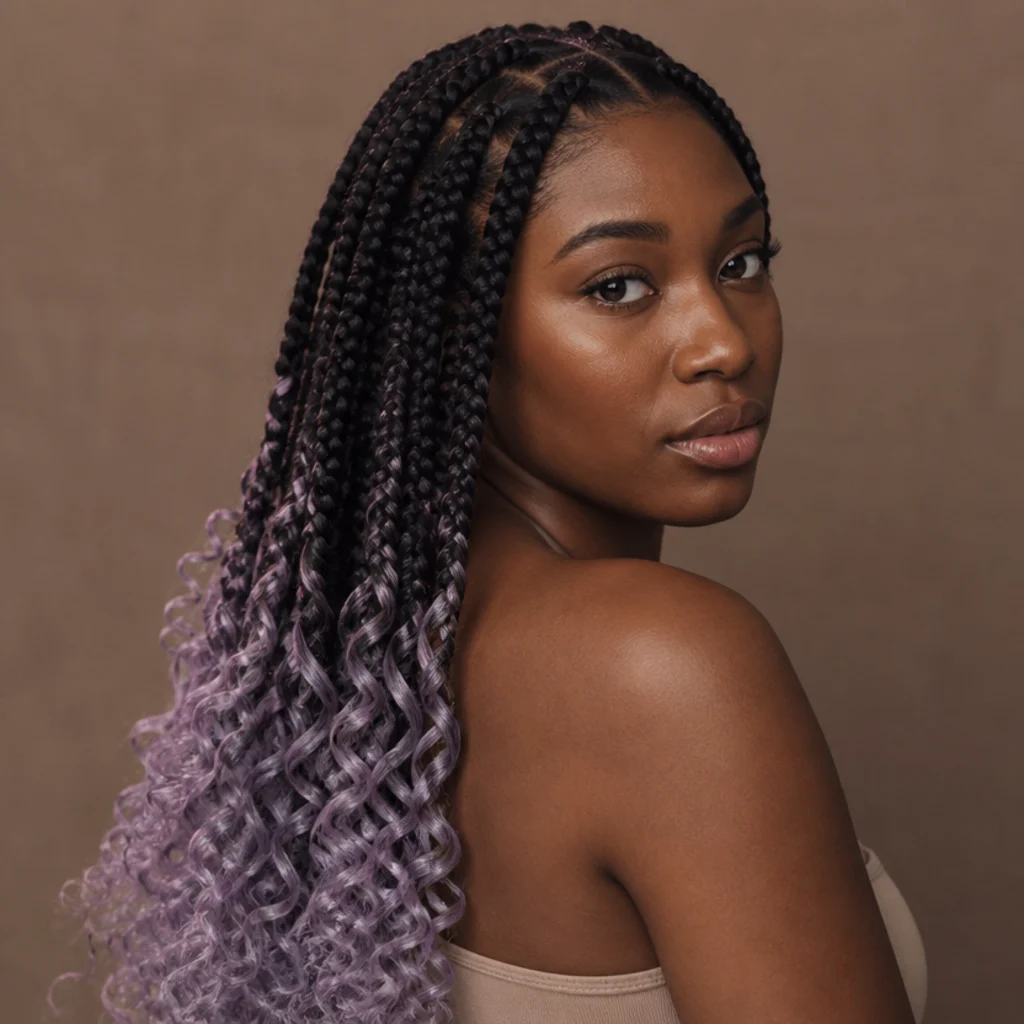 Jumbo box braids in dark brown transitioning to pastel-lavender curly tips, three-quarter angle, soft studio light
