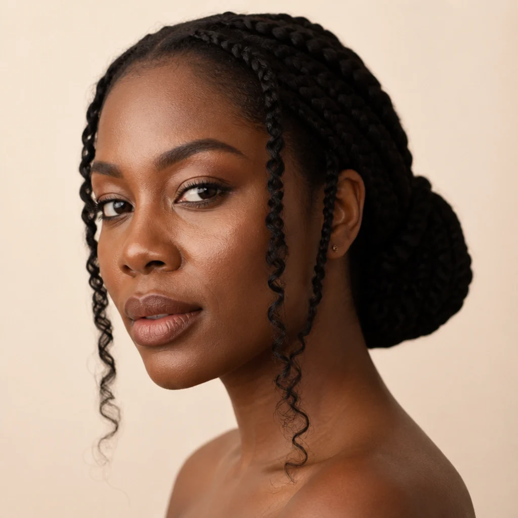 Jumbo box braids in a low bun with a few curly braids left loose to frame the face, elegant three-quarter view