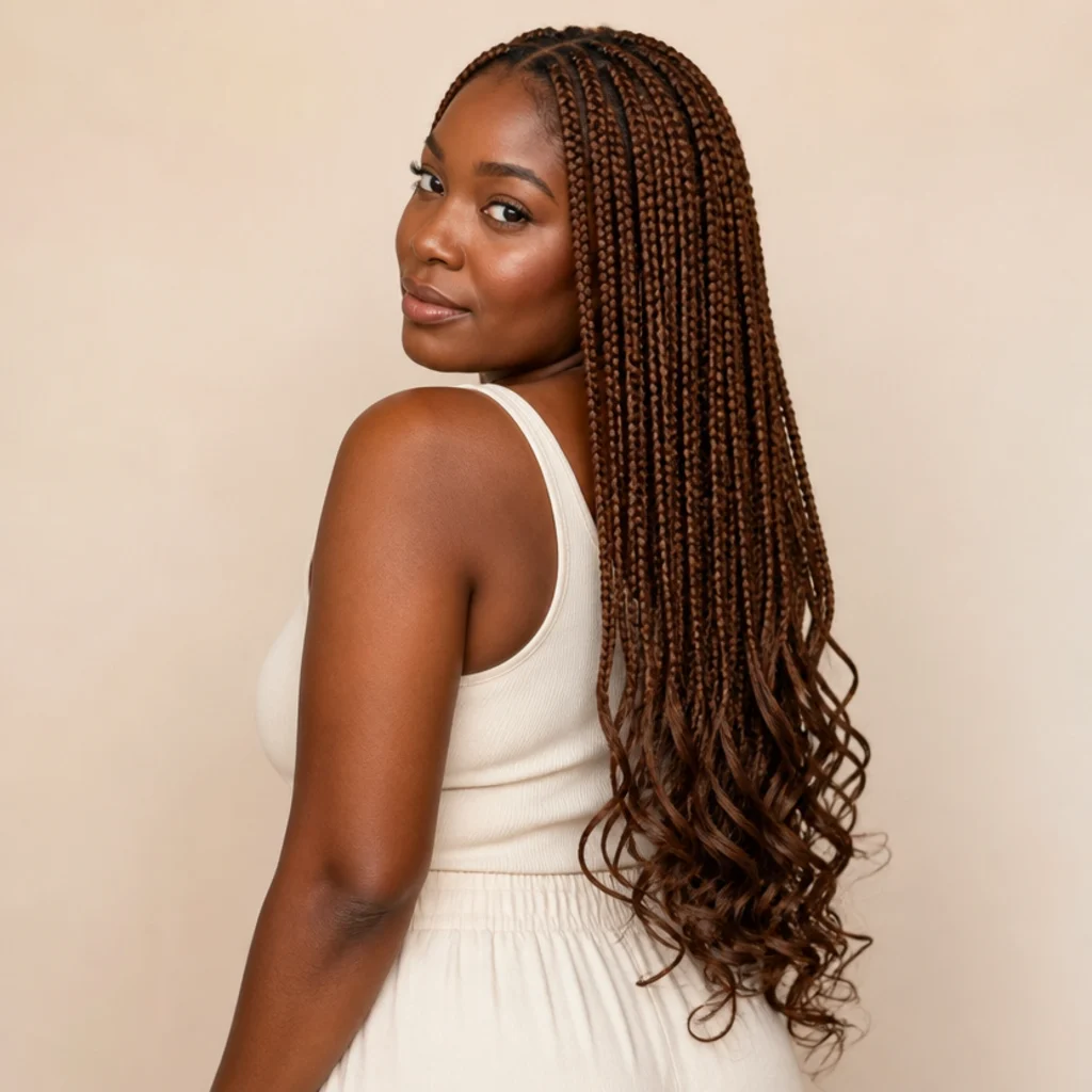 Black woman shown three-quarter back angle wearing jumbo box braids with loose curly ends in warm brown, clean square parting visible on scalp