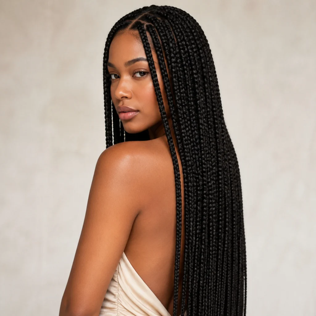Black woman shown from a three-quarter back angle wearing waist-length jumbo box braids with a clean center part