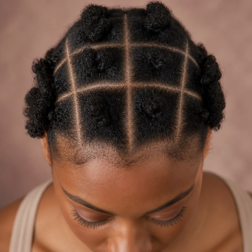Overhead view of a clean square scalp parting grid on tightly coiled type 4 hair before jumbo braiding begins