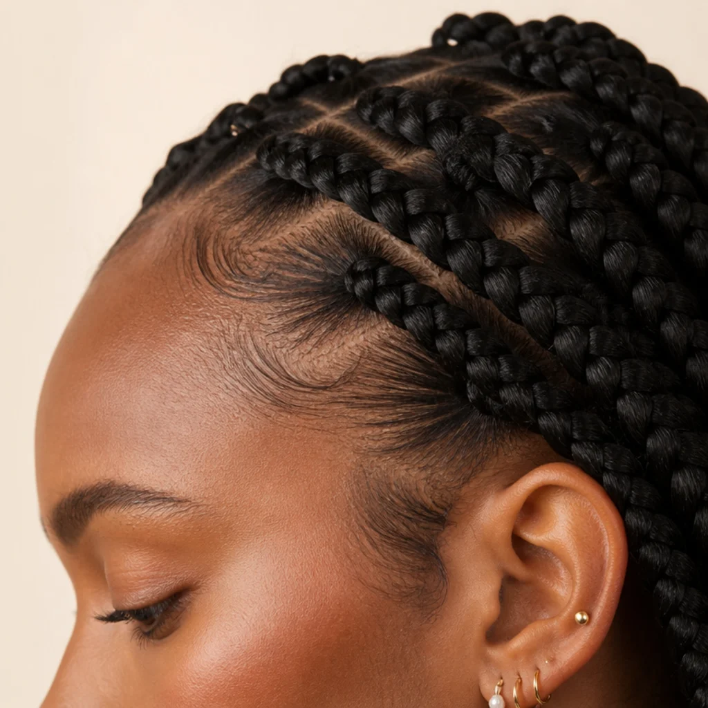 Close-up side view of a smooth knotless braid base sitting comfortably against a well-moisturized hairline