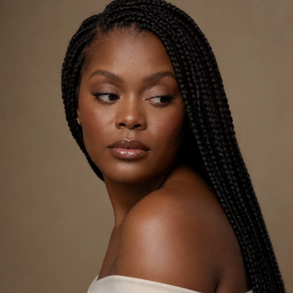 Three-quarter view of an adult Black woman with mid-back jumbo knotless box braids swept over one shoulder