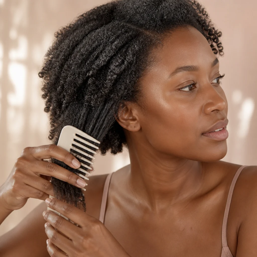 Close-up of freshly washed, moisturized type 4 coils being gently detangled with a wide-tooth comb before braiding