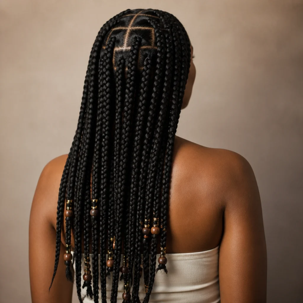 Back view of jumbo box braids finished with a few wooden and gold beads spaced along the ends