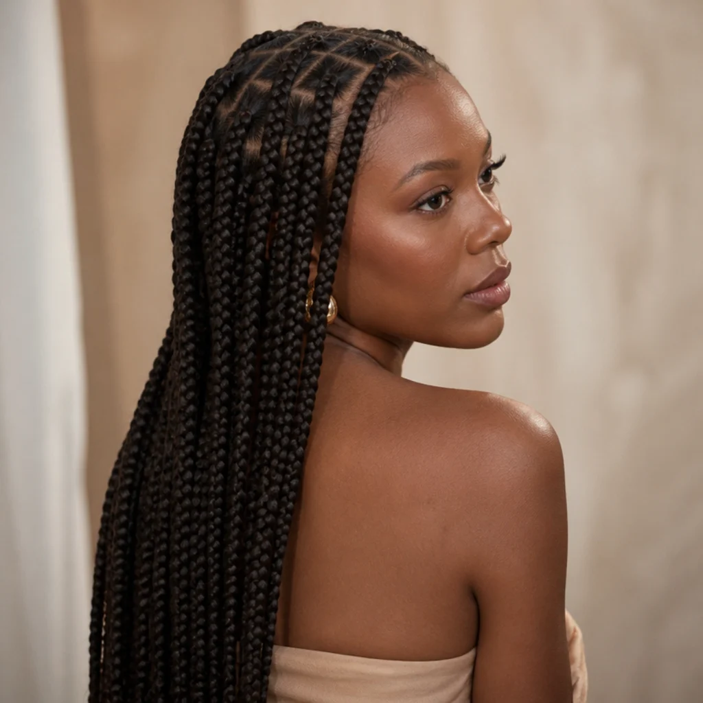 Three-quarter back view of an adult Black woman with long jumbo knotless box braids and clean square parting