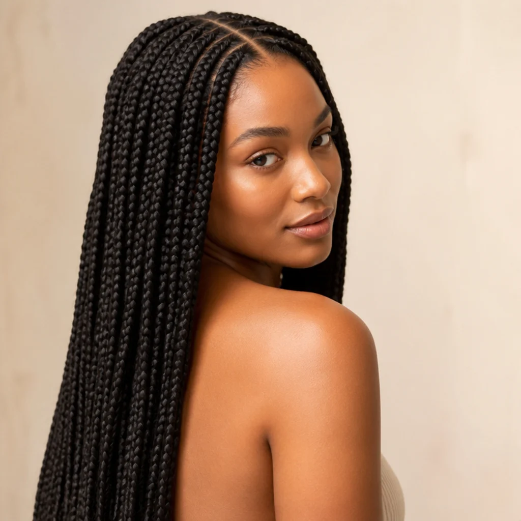 Black woman from a three-quarter back angle wearing waist-length jumbo knotless box braids in natural black with a clean center part and a flat, knot-free root