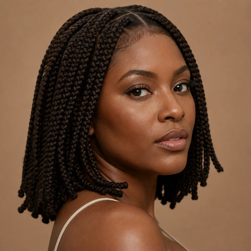 Black woman from a three-quarter side angle wearing medium jumbo knotless box braids in dark brown falling just past the shoulders with a soft, blended root