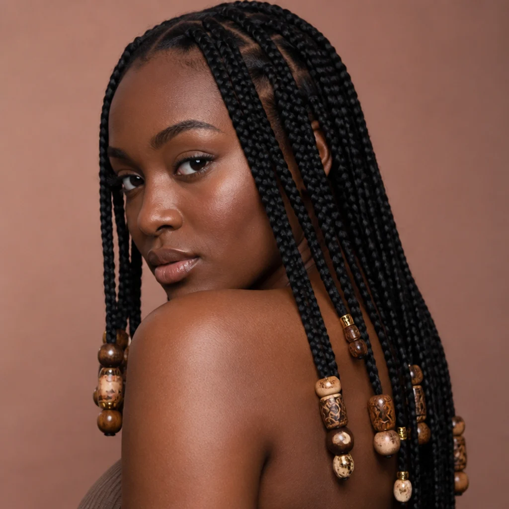 Black woman from a three-quarter back angle wearing jumbo box braids with wooden and gold beads threaded onto the ends and scattered through the front sections