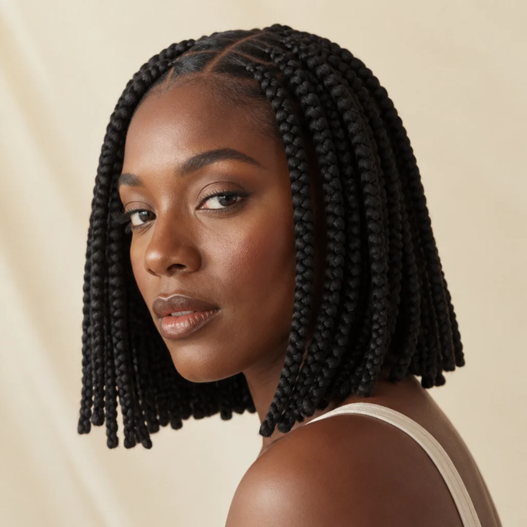 Black woman from a three-quarter side angle wearing a blunt shoulder-length jumbo box braid bob in natural black with a clean, even hemline