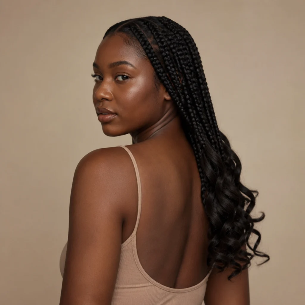Black woman from a three-quarter back angle wearing jumbo box braids left loose at the ends with soft, defined curls starting below the mid-shaft