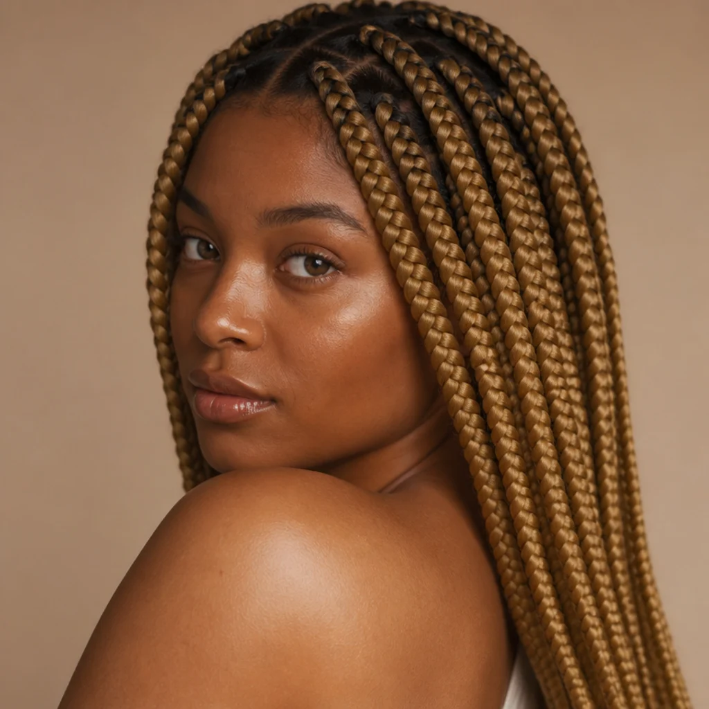 Black woman from a three-quarter side angle wearing honey blonde jumbo box braids with a warm golden tone and a soft dark root against an ivory background