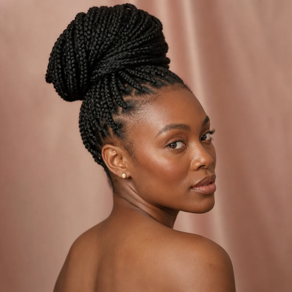 Black woman from a three-quarter back angle wearing jumbo box braids gathered into a tall, sculpted high bun with a smooth wrapped base