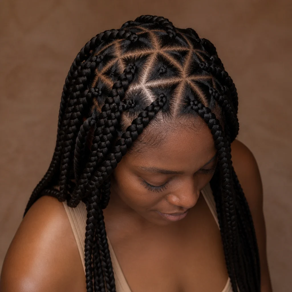 Overhead three-quarter view of a Black woman's jumbo box braids showing a crisp triangle parting pattern that forms an even diamond grid across the scalp