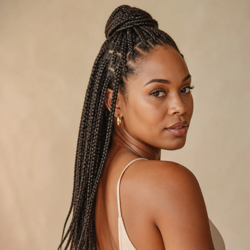 Black woman from a three-quarter side angle wearing waist-length jumbo box braids styled half-up with the top third gathered into a loose knot