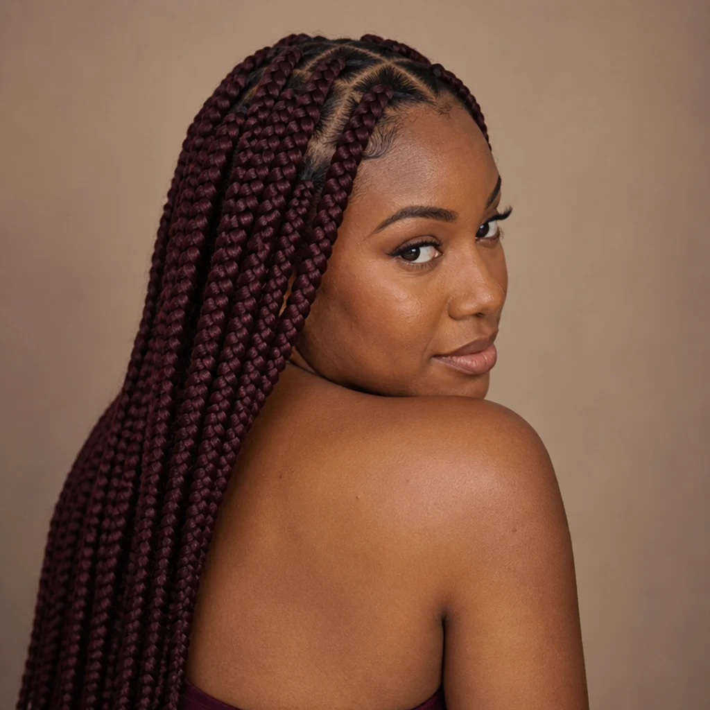 Black woman from a three-quarter back angle wearing deep burgundy jumbo box braids with a rich wine tone that shifts red in the light