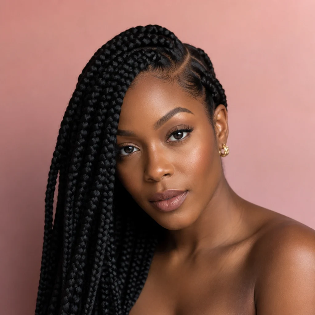 Black woman from a three-quarter front angle wearing jumbo box braids with a dramatic deep side part sweeping heavily across the forehead