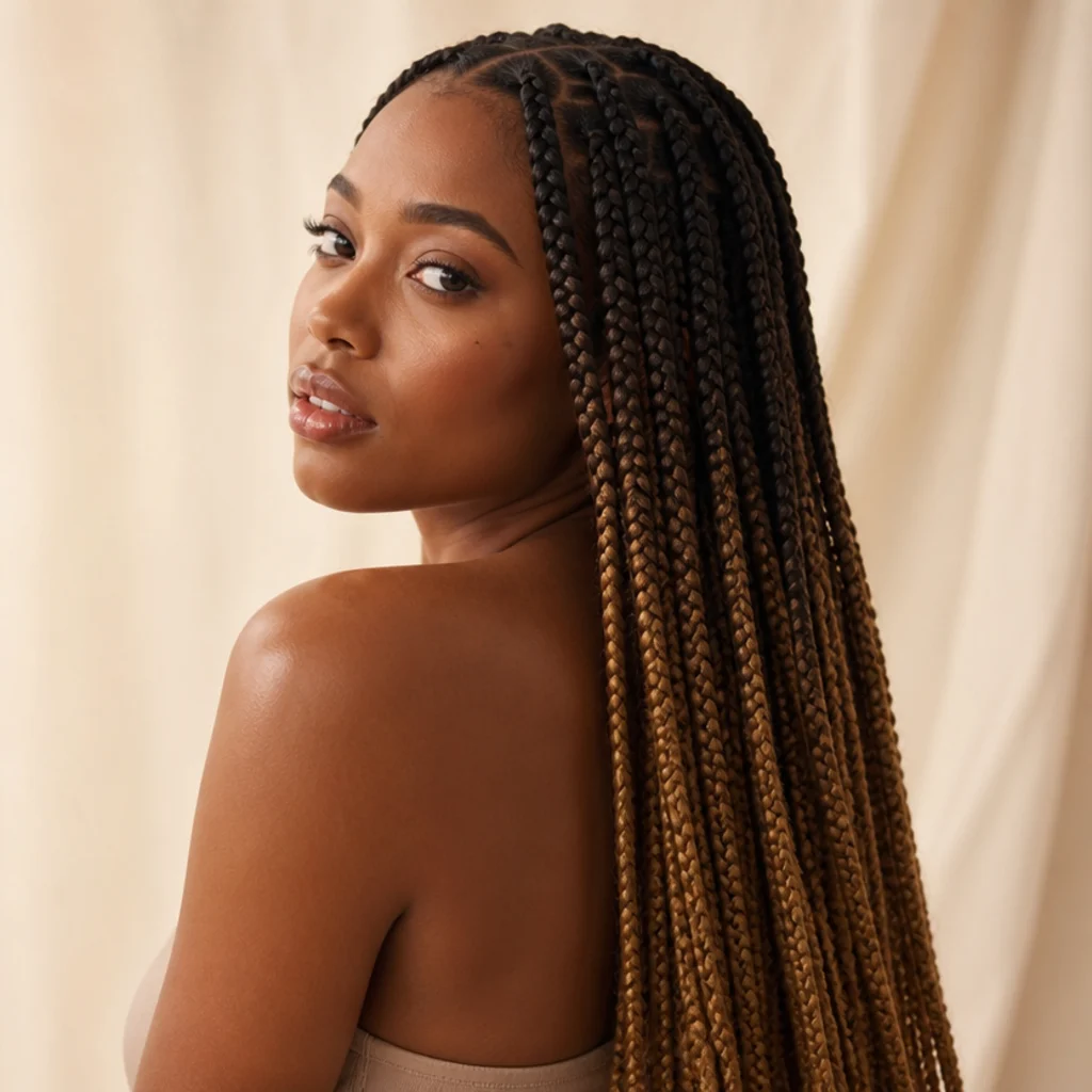 Black woman from a three-quarter back angle wearing jumbo box braids in a dark-to-caramel ombre that lightens gradually toward the ends