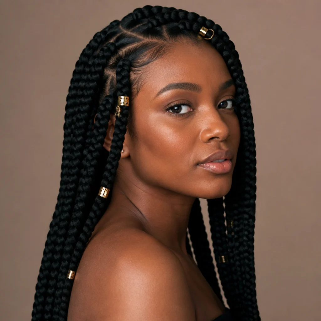Black woman from a three-quarter side angle wearing jumbo box braids decorated with gold metal cuffs and small charms clustered on the front sections