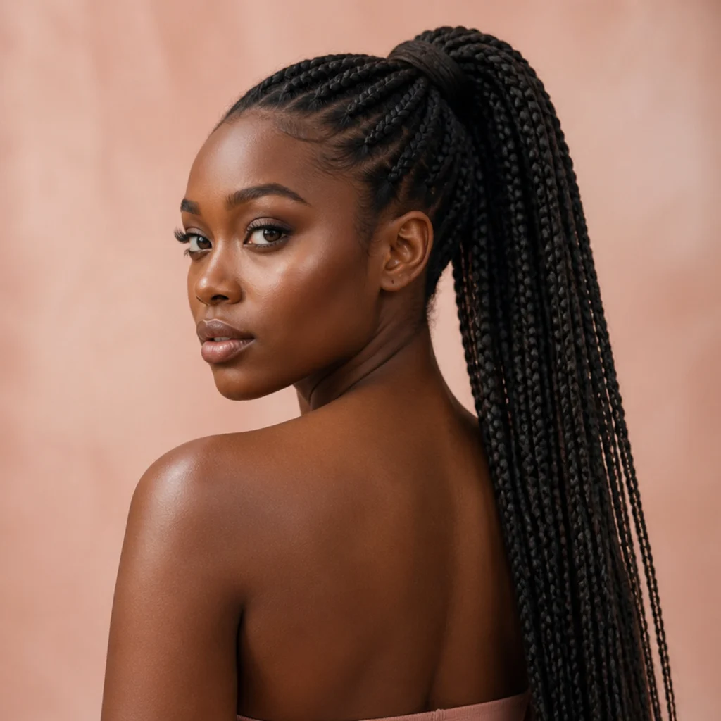 Black woman from a three-quarter back angle wearing jumbo box braids pulled into a sleek high ponytail with one braid wrapped around the base