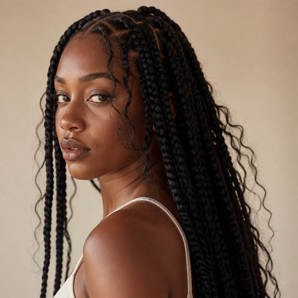 Black woman from a three-quarter side angle wearing bohemian jumbo box braids with loose curly wisps woven throughout the length