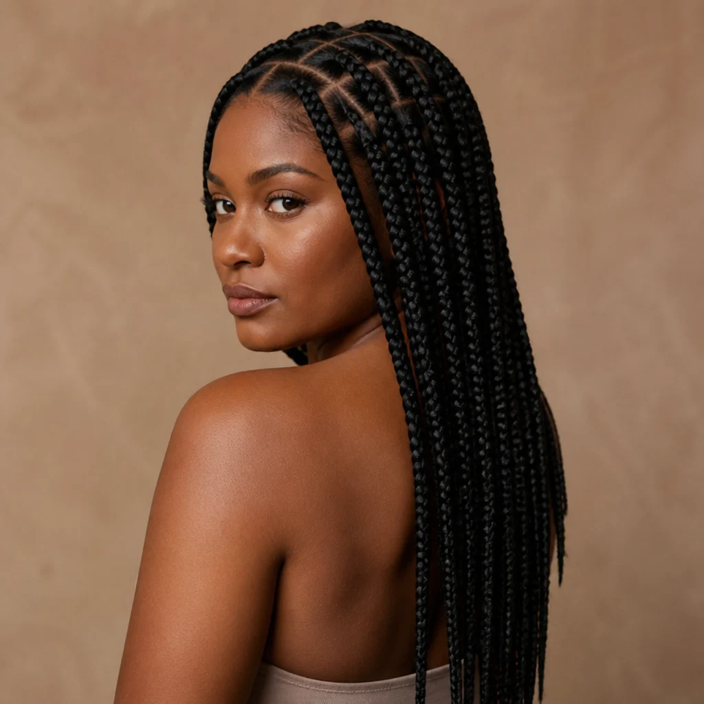 Black woman from a three-quarter back angle wearing glossy jet black jumbo box braids falling to the mid-back with clean, even sections