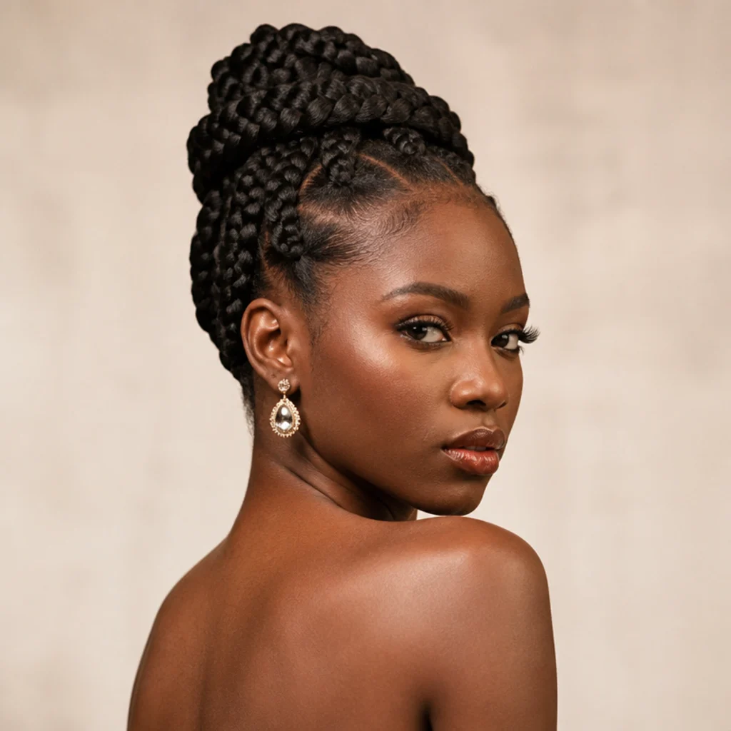 Black woman from a three-quarter back angle wearing jumbo box braids arranged into a sculptural woven updo pinned for a formal event