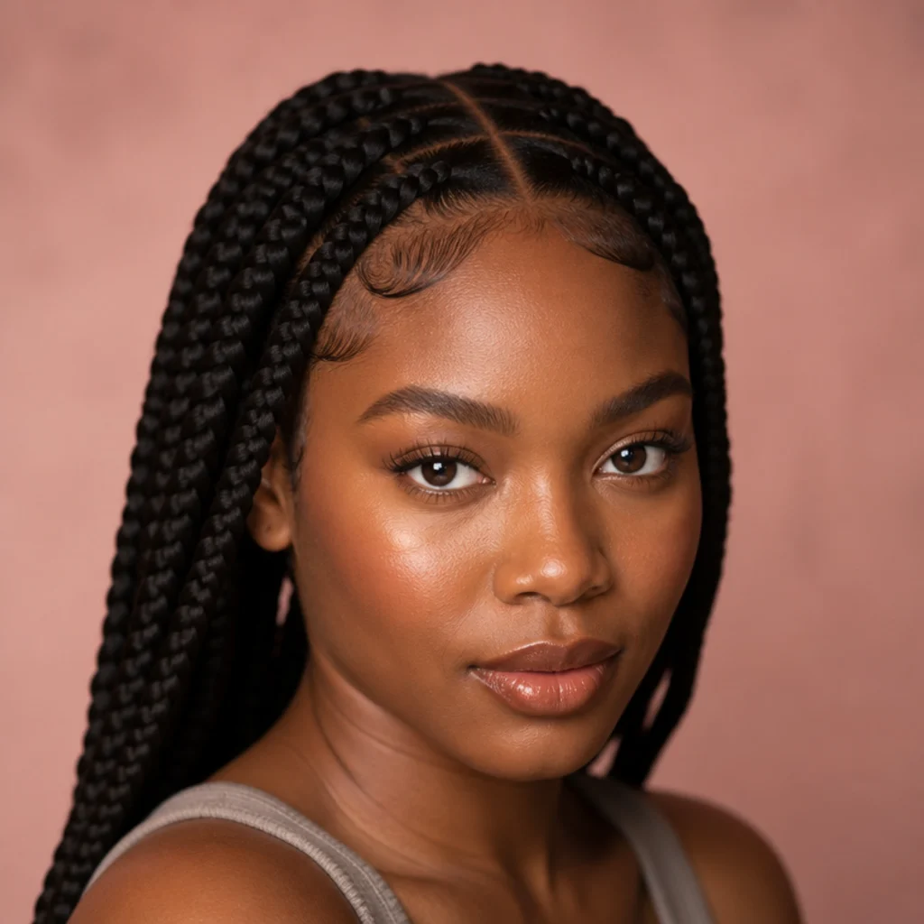 Black woman from a three-quarter front angle wearing jumbo box braids with a sharp middle part and laid, swirled baby hairs framing the forehead