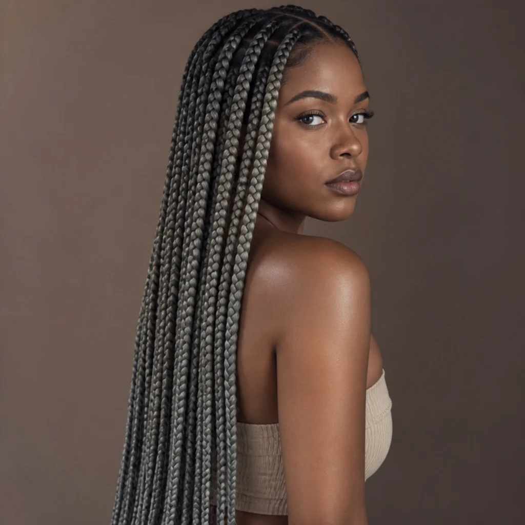 Black woman from a three-quarter back angle wearing waist-length jumbo box braids in a cool ash grey tone with a soft dark root