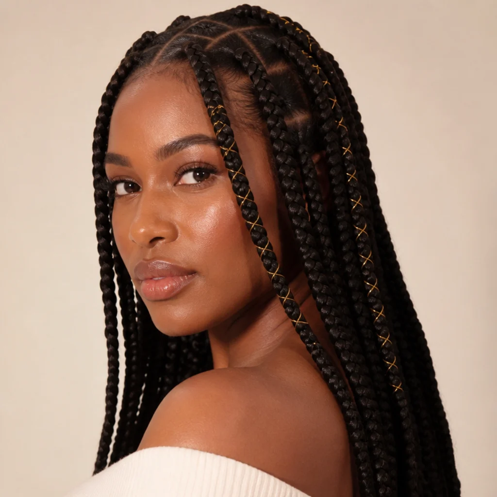 Black woman from a three-quarter side angle wearing jumbo box braids with metallic gold thread spiralled neatly around several front braids