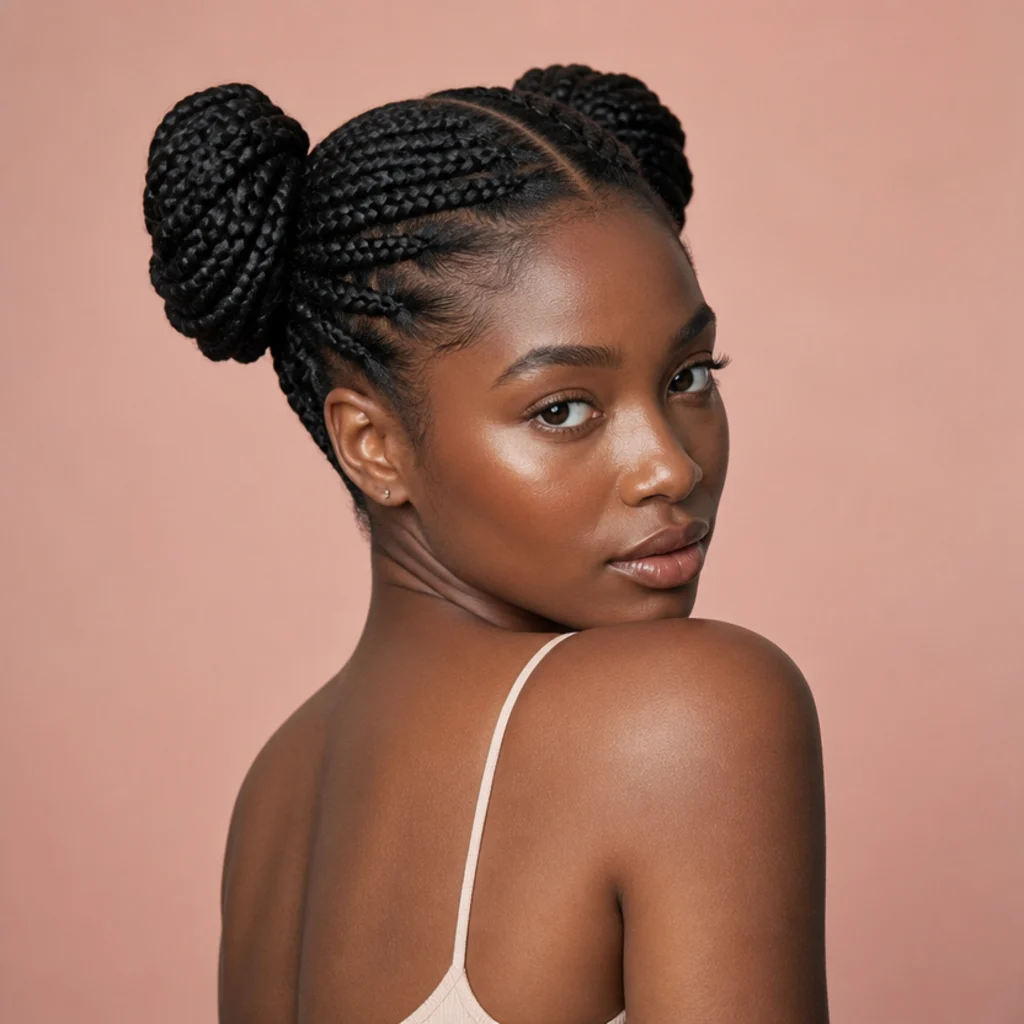 Black woman from a three-quarter back angle wearing jumbo box braids gathered into two high, round space buns on either side of the crown