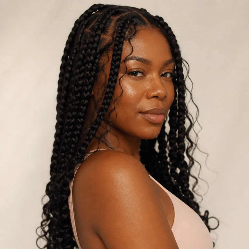 Black woman from a three-quarter side angle wearing jumbo goddess box braids with loose curls framing the face and cascading from the ends
