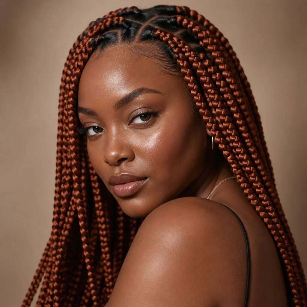 Black woman from a three-quarter front angle wearing vivid copper red jumbo box braids with a warm, metallic glow