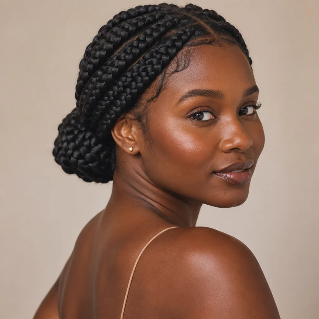 Black woman from a three-quarter back angle wearing jumbo box braids swept into a smooth, low coiled bun at the nape