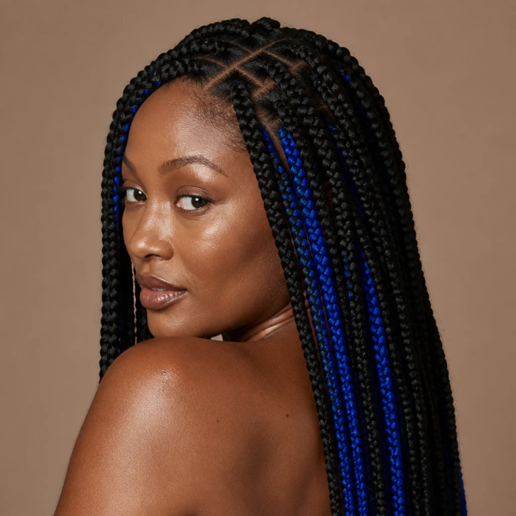 Black woman from a three-quarter back angle wearing jumbo box braids in natural black with hidden peekaboo panels of bright color revealed underneath