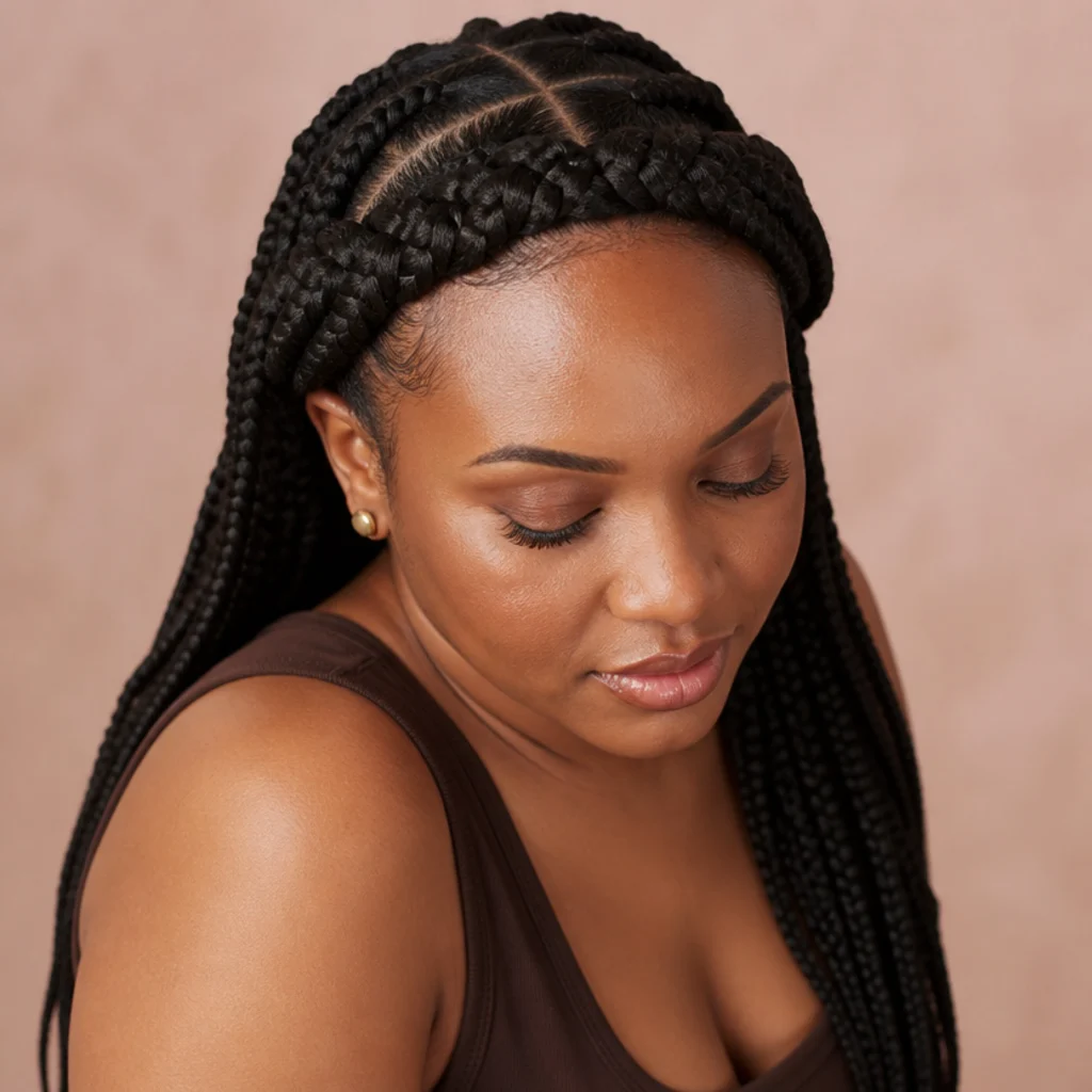 Black woman from an overhead three-quarter angle wearing jumbo box braids with two front braids wrapped into a crown across the top of the head