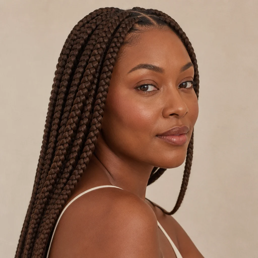 Black woman from a three-quarter side angle wearing chest-length jumbo box braids in a rich chocolate brown with warm depth