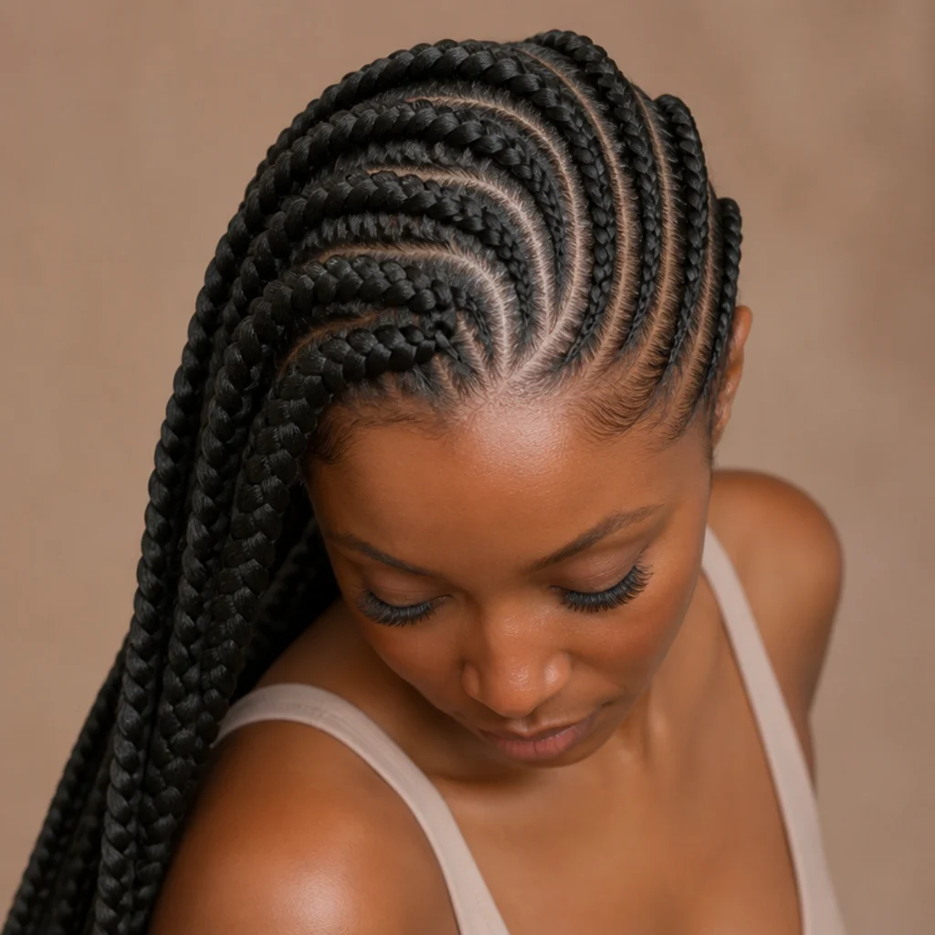 Overhead three-quarter view of a Black woman's jumbo box braids showing curved, S-shaped side parts flowing across the scalp