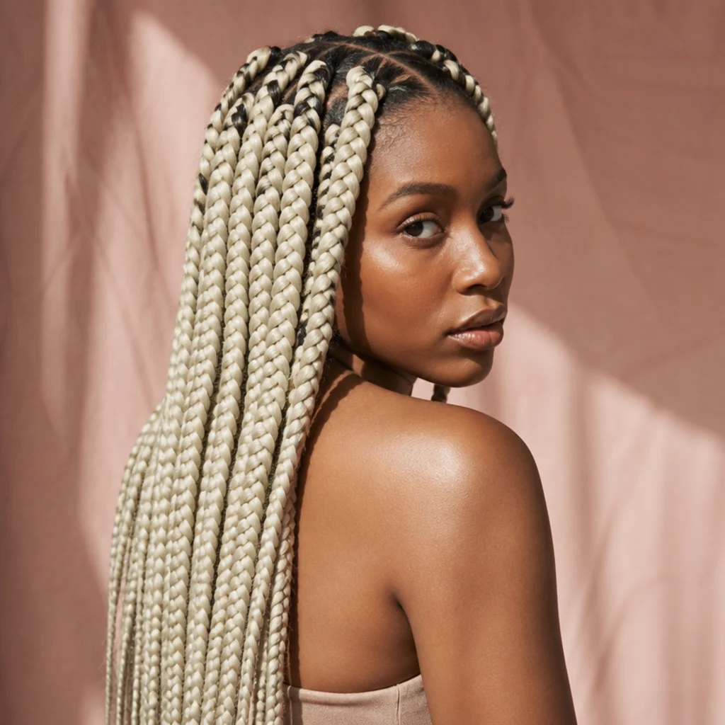 Black woman from a three-quarter back angle wearing bold platinum blonde jumbo box braids with a cool, icy tone and a soft shadow root